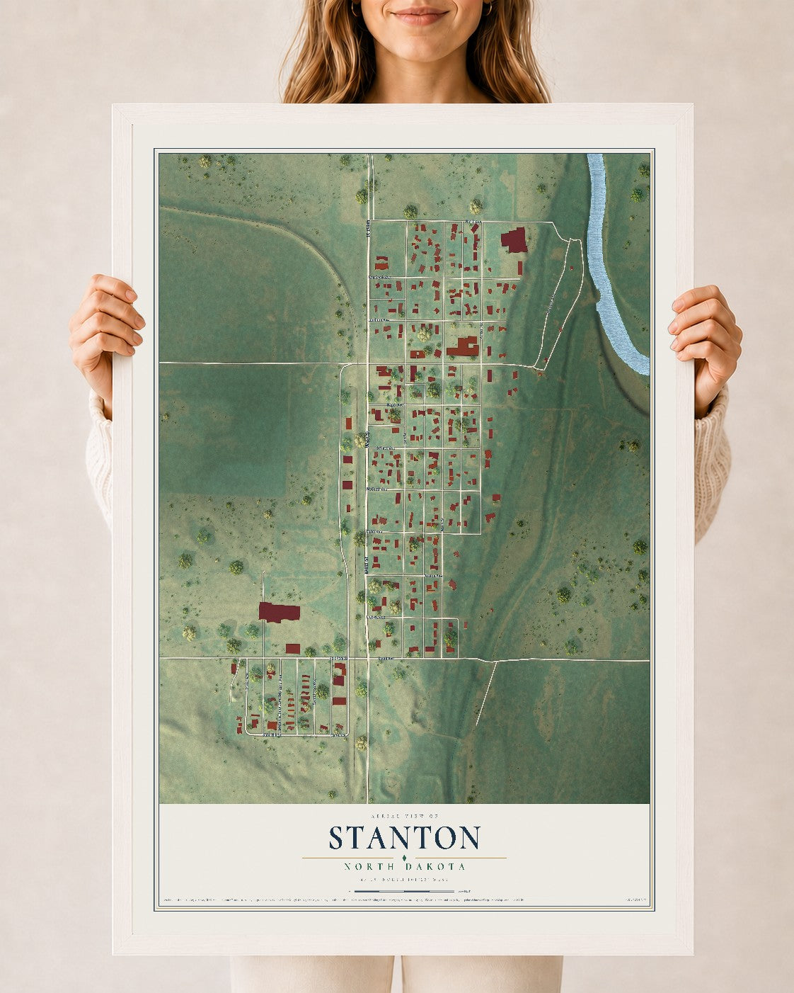 Map of Stanton, North Dakota, 24 x 36 inch print in a white wood frame