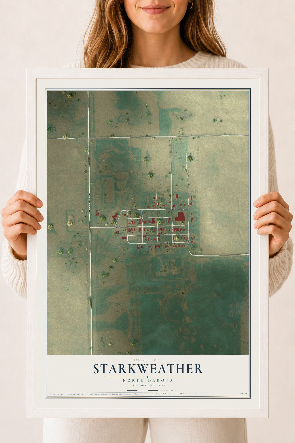 Map of Starkweather, North Dakota, 18 x 24 inch print in a white wood frame