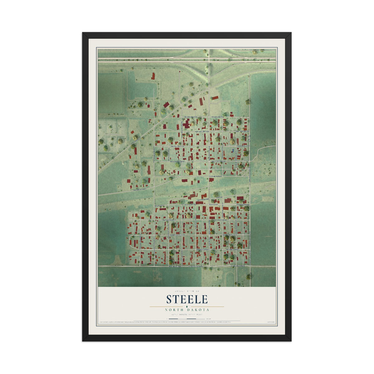 Map of Steele, North Dakota, 12 x 18 inch print in a black wood frame