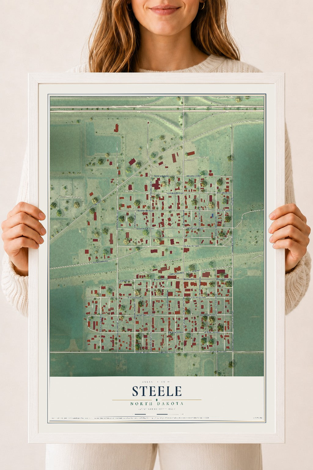 Map of Steele, North Dakota, 18 x 24 inch print in a white wood frame