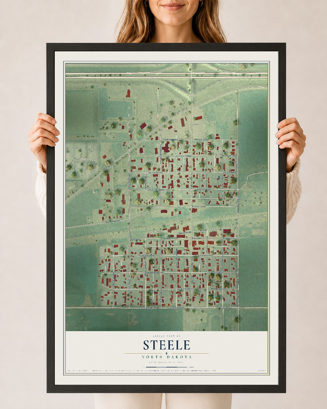 Map of Steele, North Dakota, 24 x 36 inch print in a black wood frame
