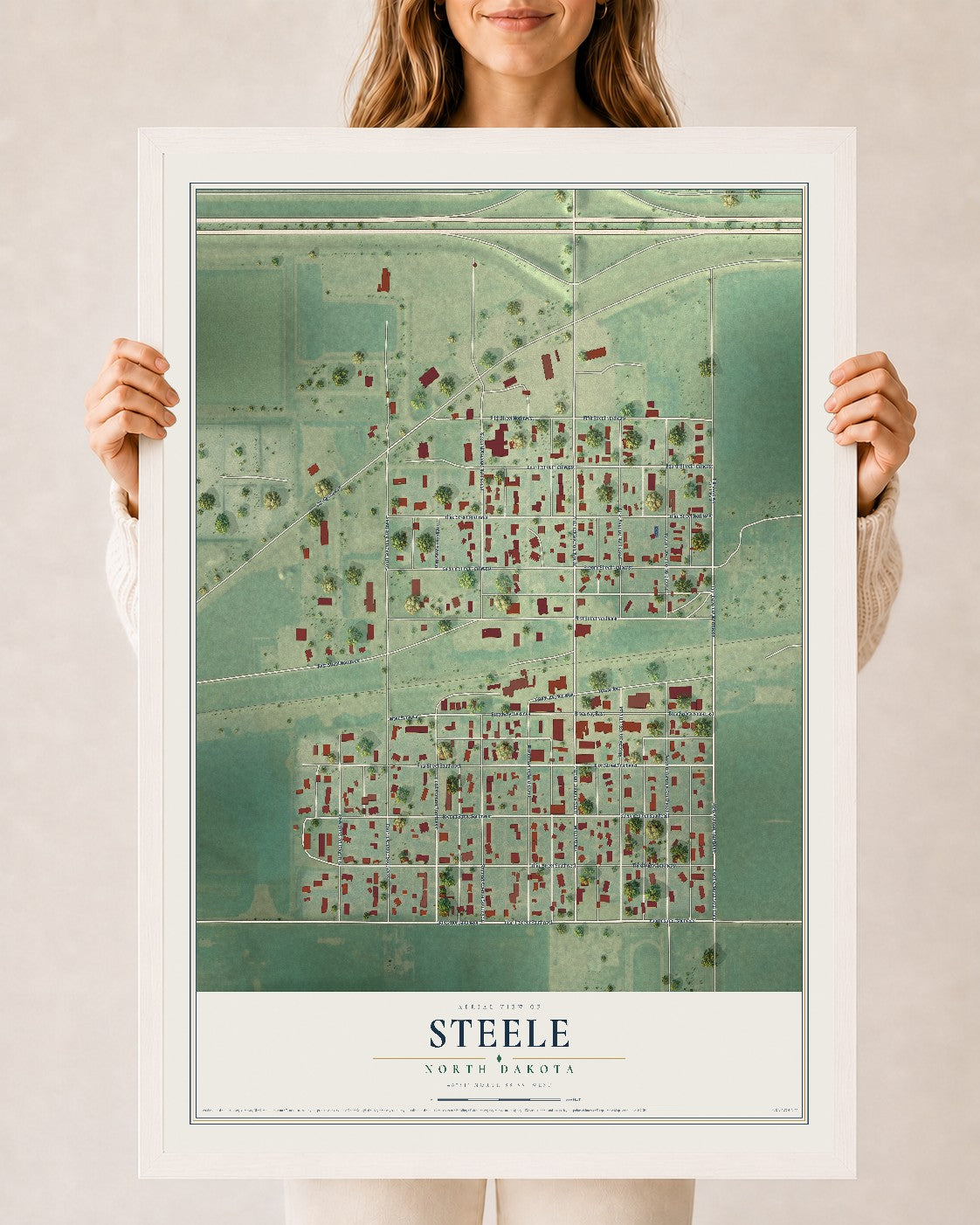 Map of Steele, North Dakota, 24 x 36 inch print in a white wood frame