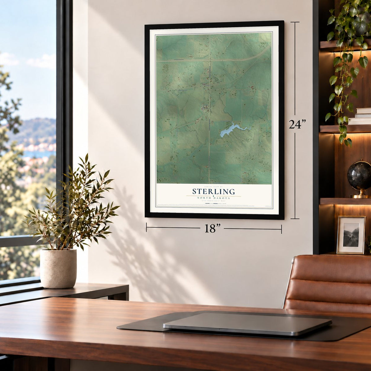 Sterling, North Dakota map, 18 x 24 inch print in a black frame in a home office