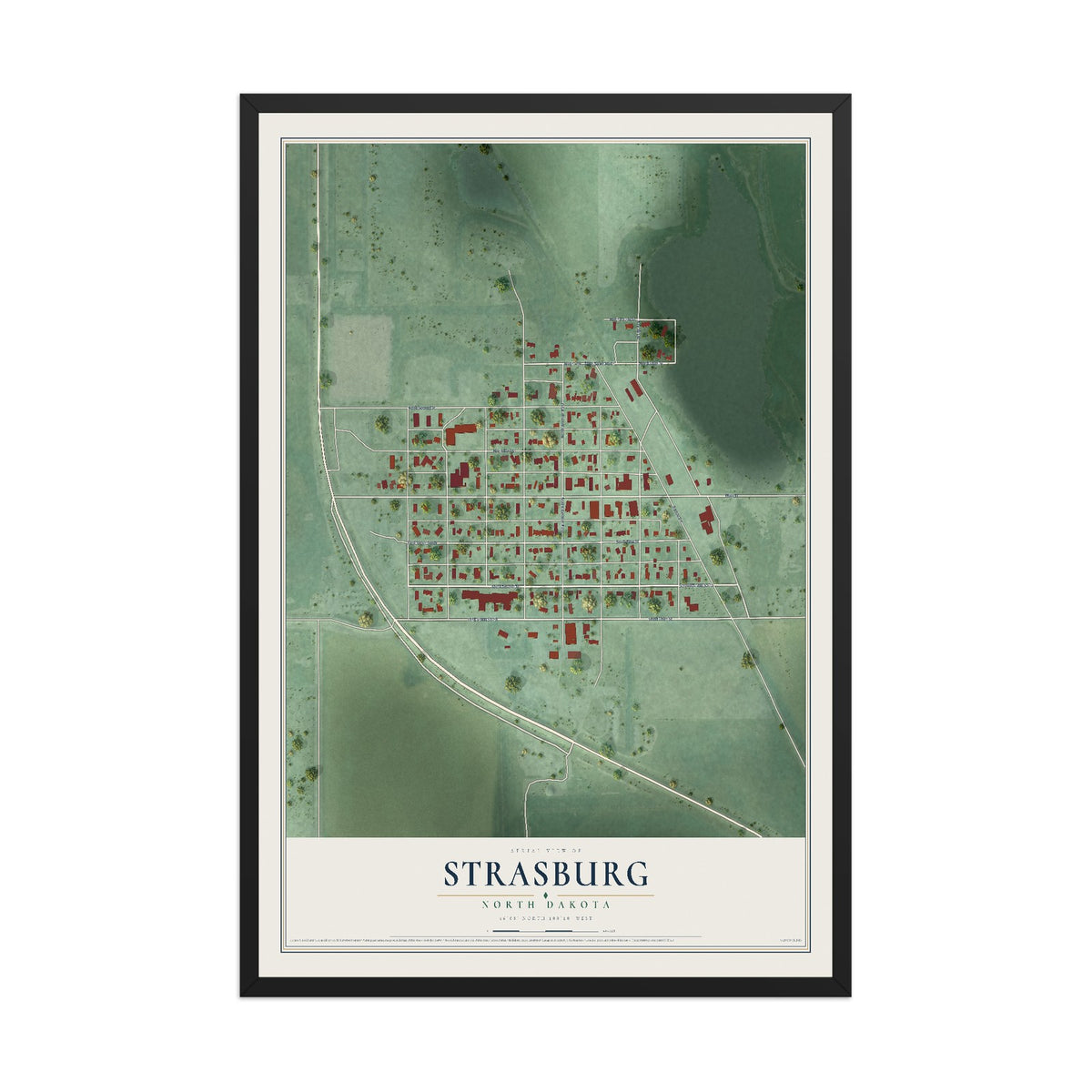 Map of Strasburg, North Dakota, 12 x 18 inch print in a black wood frame