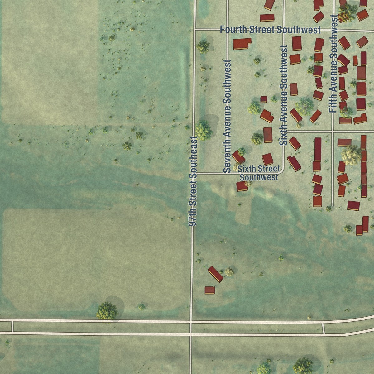 Second close-up of the map of Surrey, North Dakota print showing more streets and buildings