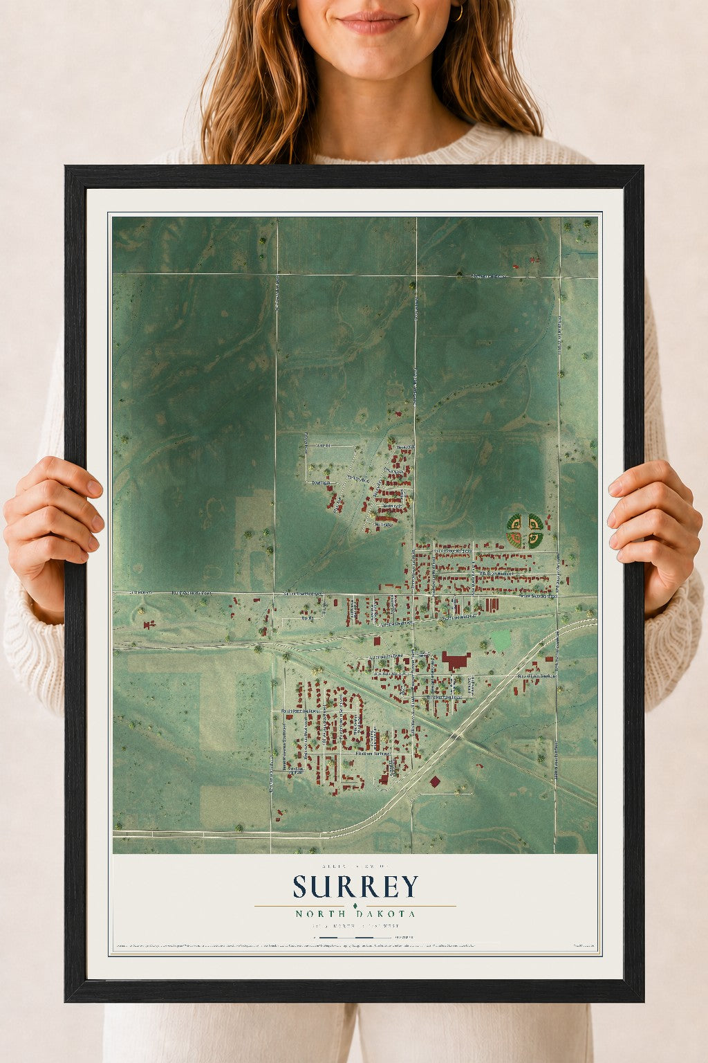Map of Surrey, North Dakota, 18 x 24 inch print in a black wood frame