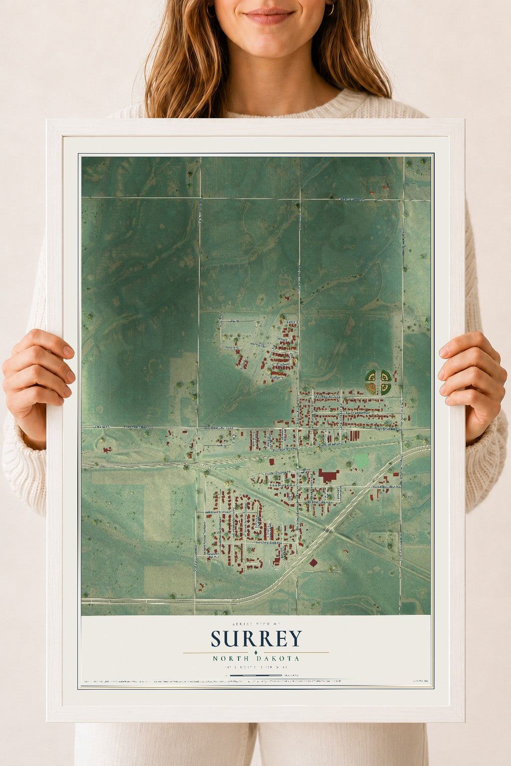 Map of Surrey, North Dakota, 18 x 24 inch print in a white wood frame