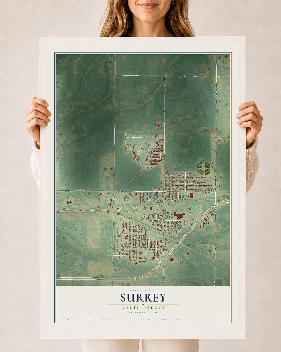Map of Surrey, North Dakota, 24 x 36 inch print in a white wood frame