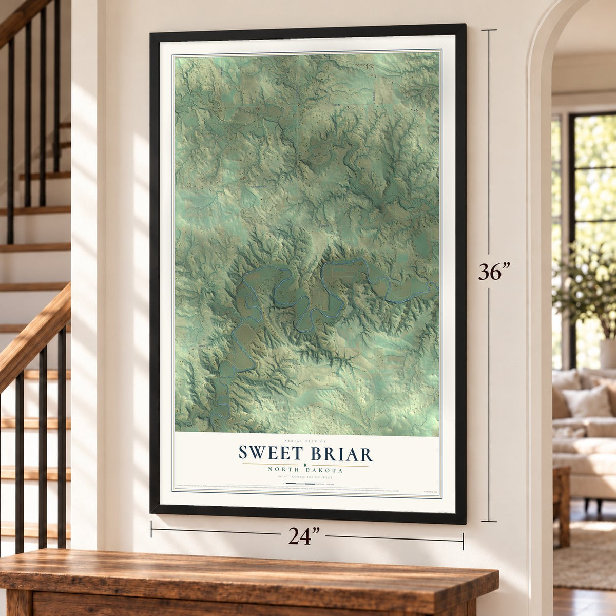 Sweet Briar, North Dakota map, 24 x 36 inch print in a black frame by a staircase