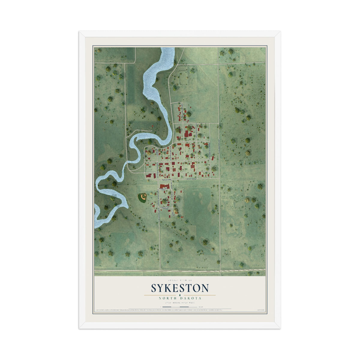 Map of Sykeston, North Dakota, 12 x 18 inch print in a white wood frame