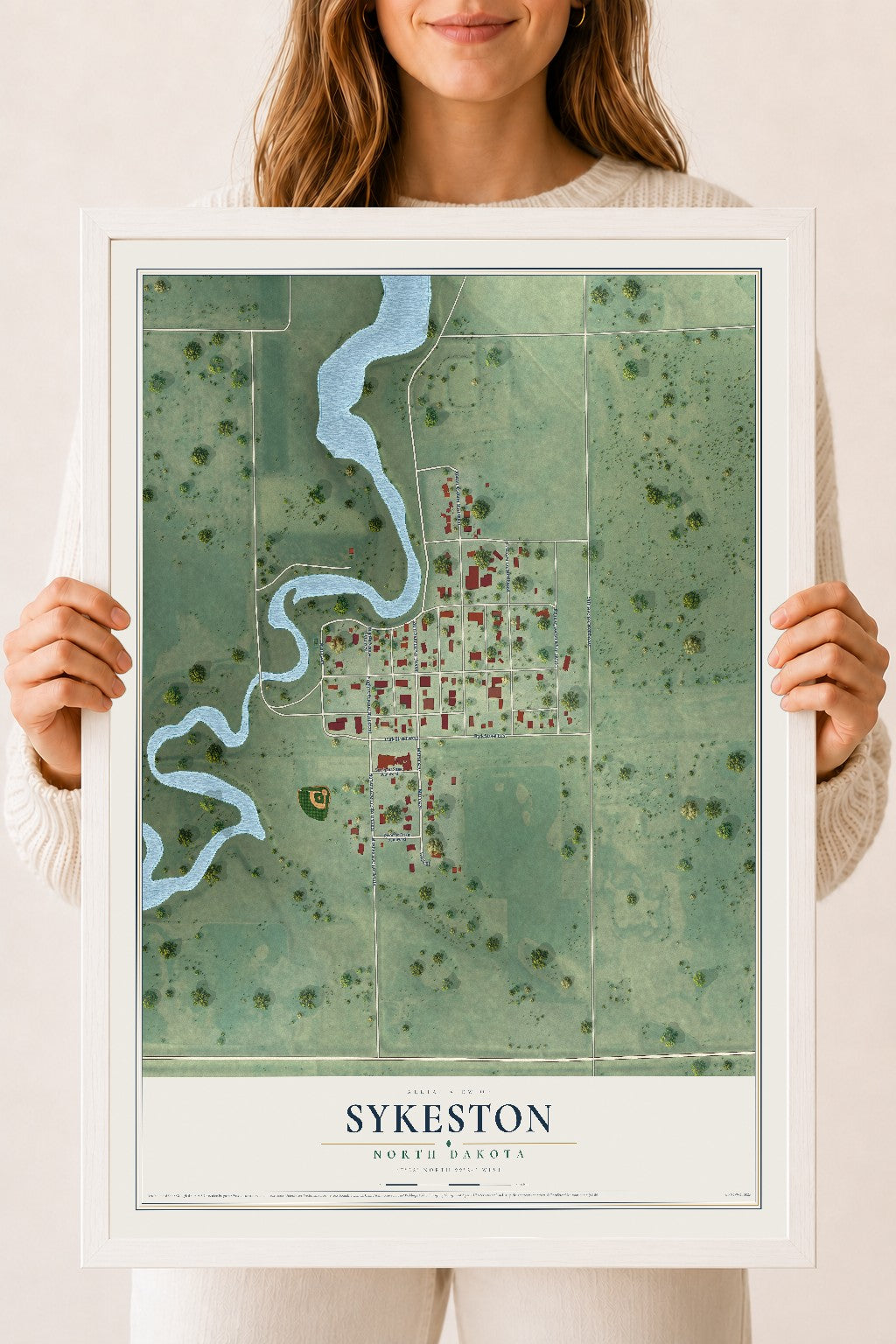 Map of Sykeston, North Dakota, 18 x 24 inch print in a white wood frame