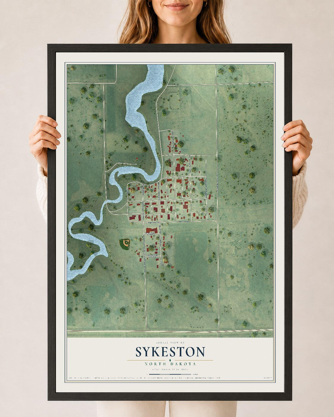 Map of Sykeston, North Dakota, 24 x 36 inch print in a black wood frame