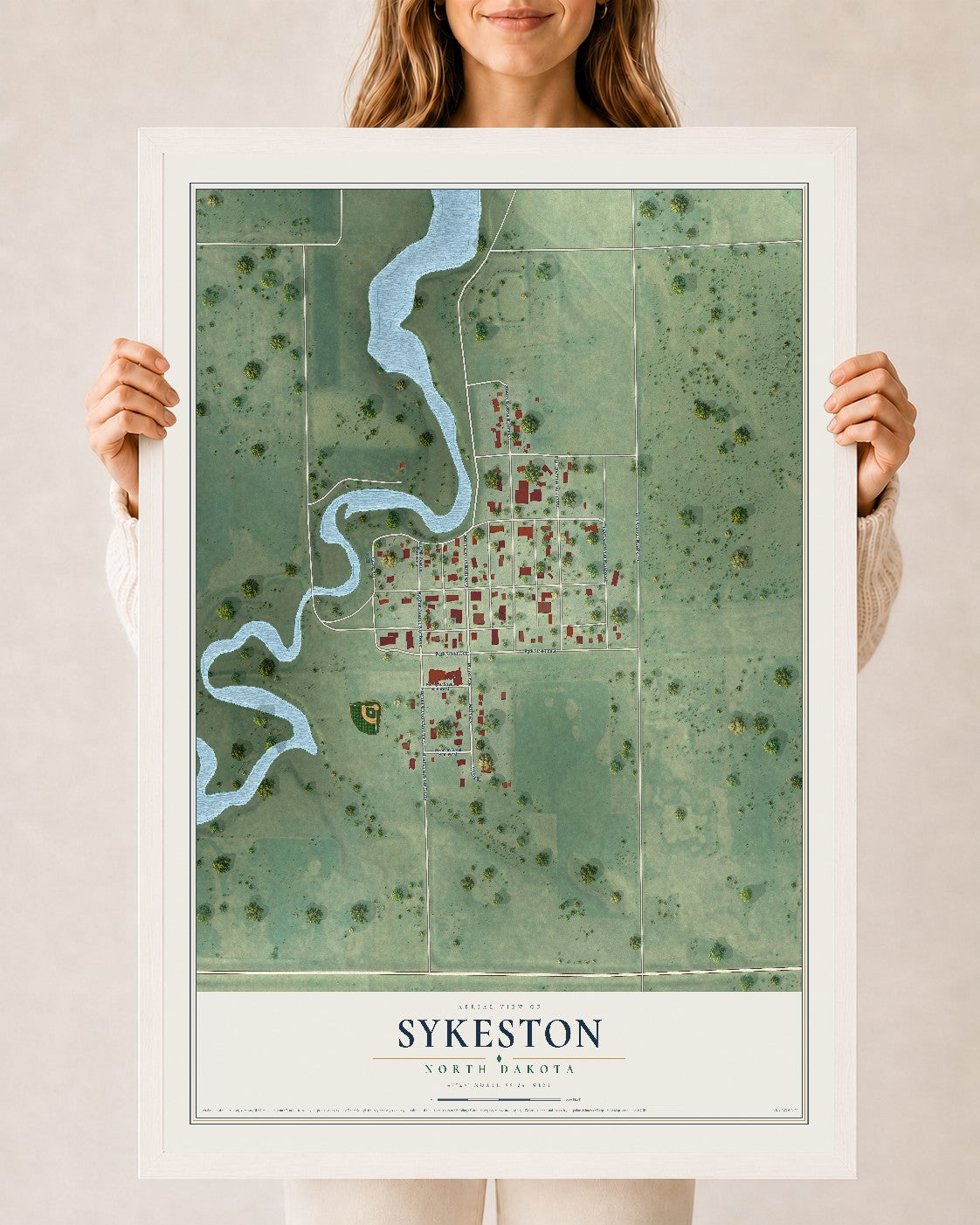 Map of Sykeston, North Dakota, 24 x 36 inch print in a white wood frame