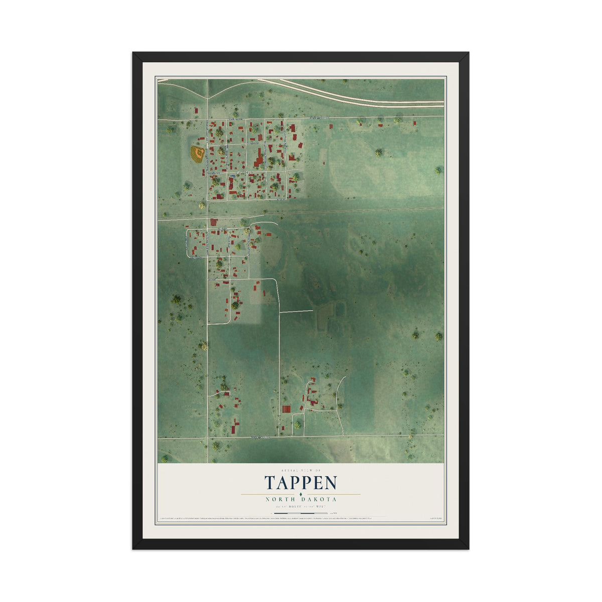 Map of Tappen, North Dakota, 12 x 18 inch print in a black wood frame