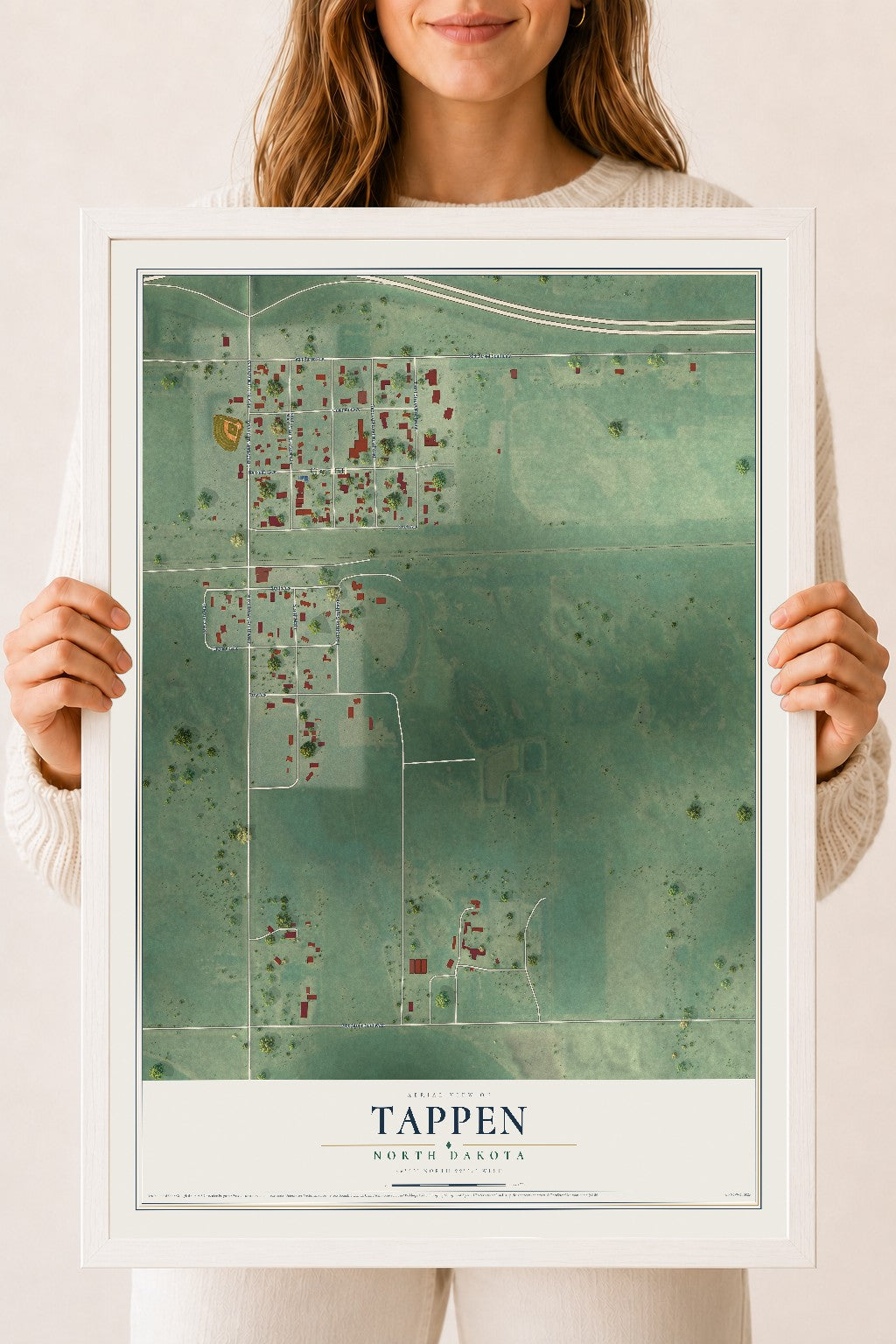 Map of Tappen, North Dakota, 18 x 24 inch print in a white wood frame