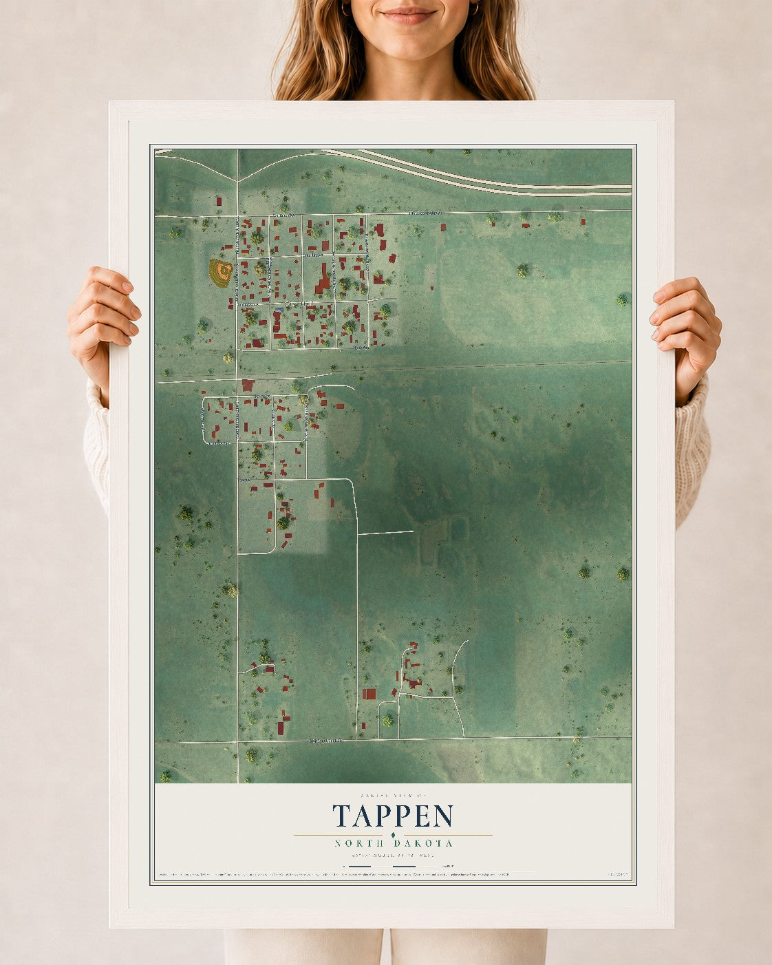 Map of Tappen, North Dakota, 24 x 36 inch print in a white wood frame