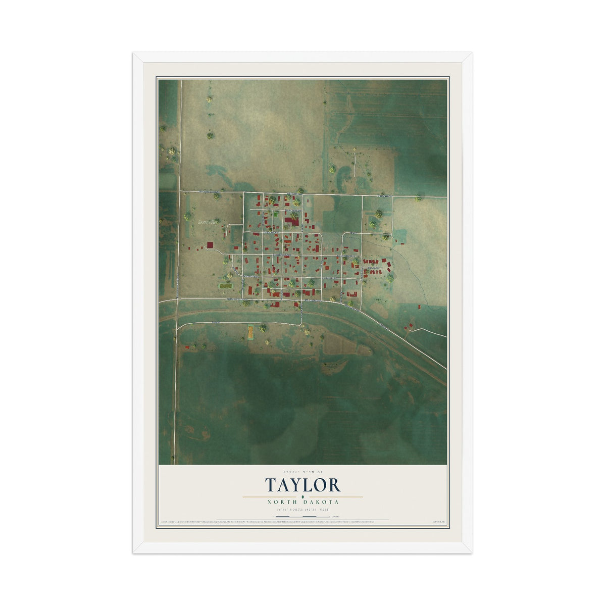 Map of Taylor, North Dakota, 12 x 18 inch print in a white wood frame