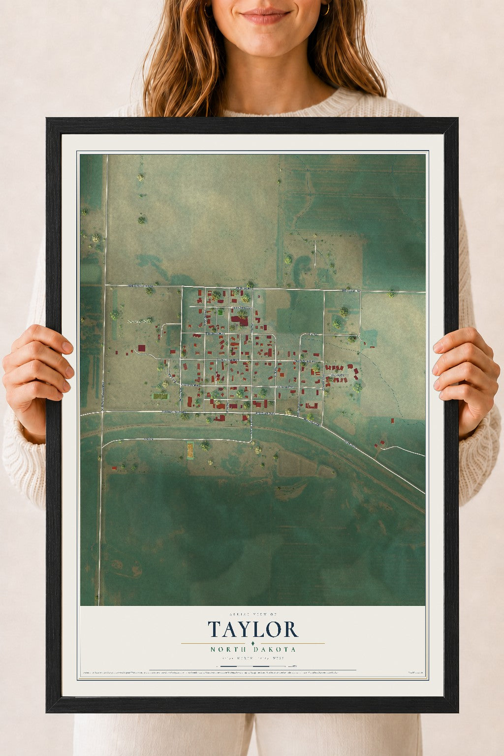 Map of Taylor, North Dakota, 18 x 24 inch print in a black wood frame