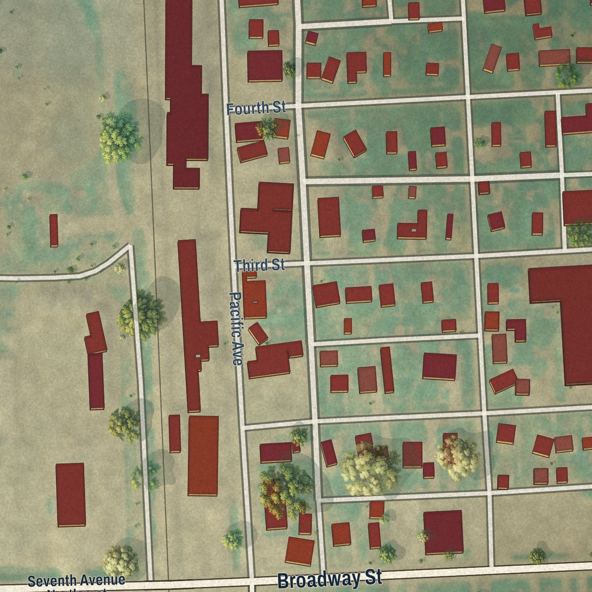 Close-up of the map of Thompson, North Dakota print showing street and building detail
