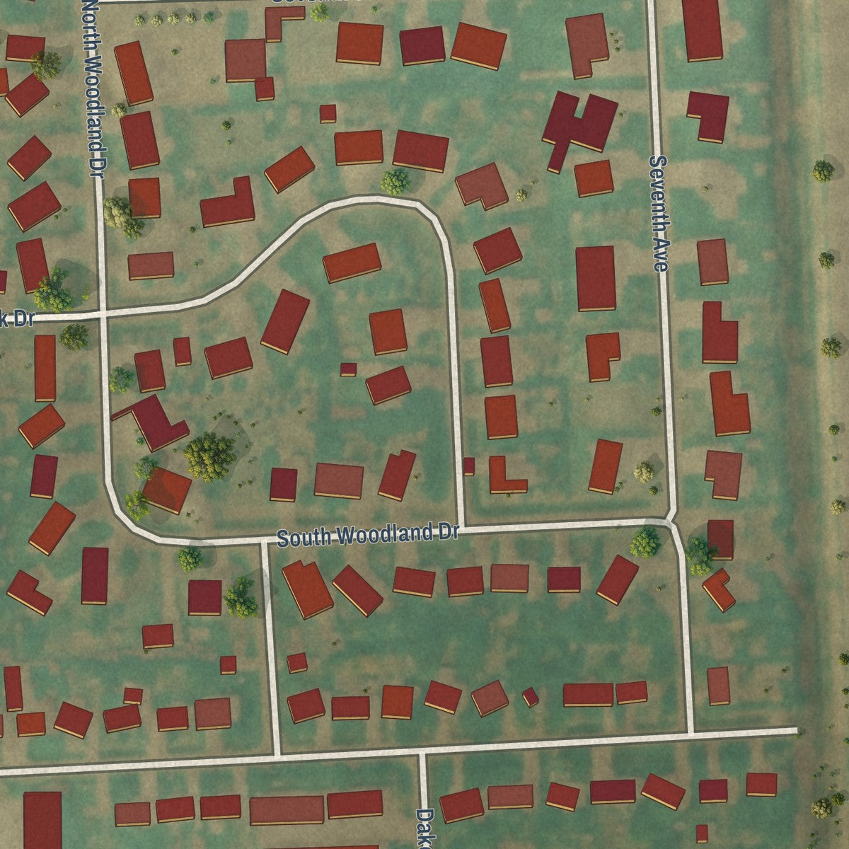 Second close-up of the map of Thompson, North Dakota print showing more streets and buildings