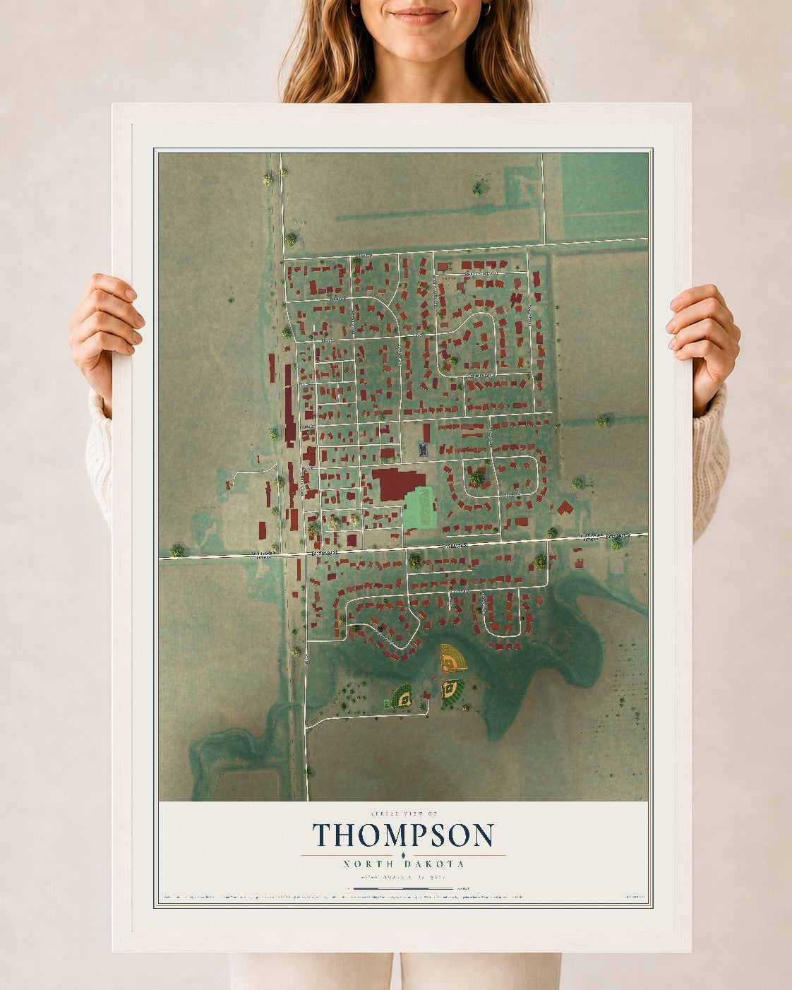 Map of Thompson, North Dakota, 24 x 36 inch print in a white wood frame