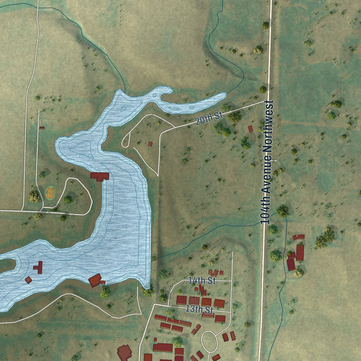 Second close-up of the map of Tioga, North Dakota print showing more streets and buildings