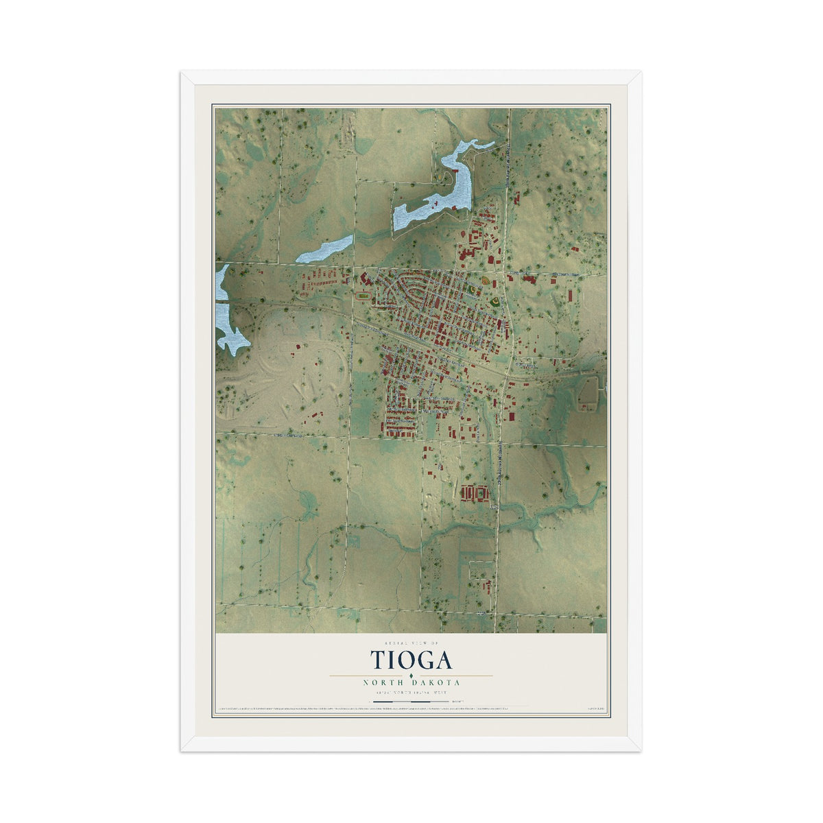 Map of Tioga, North Dakota, 12 x 18 inch print in a white wood frame