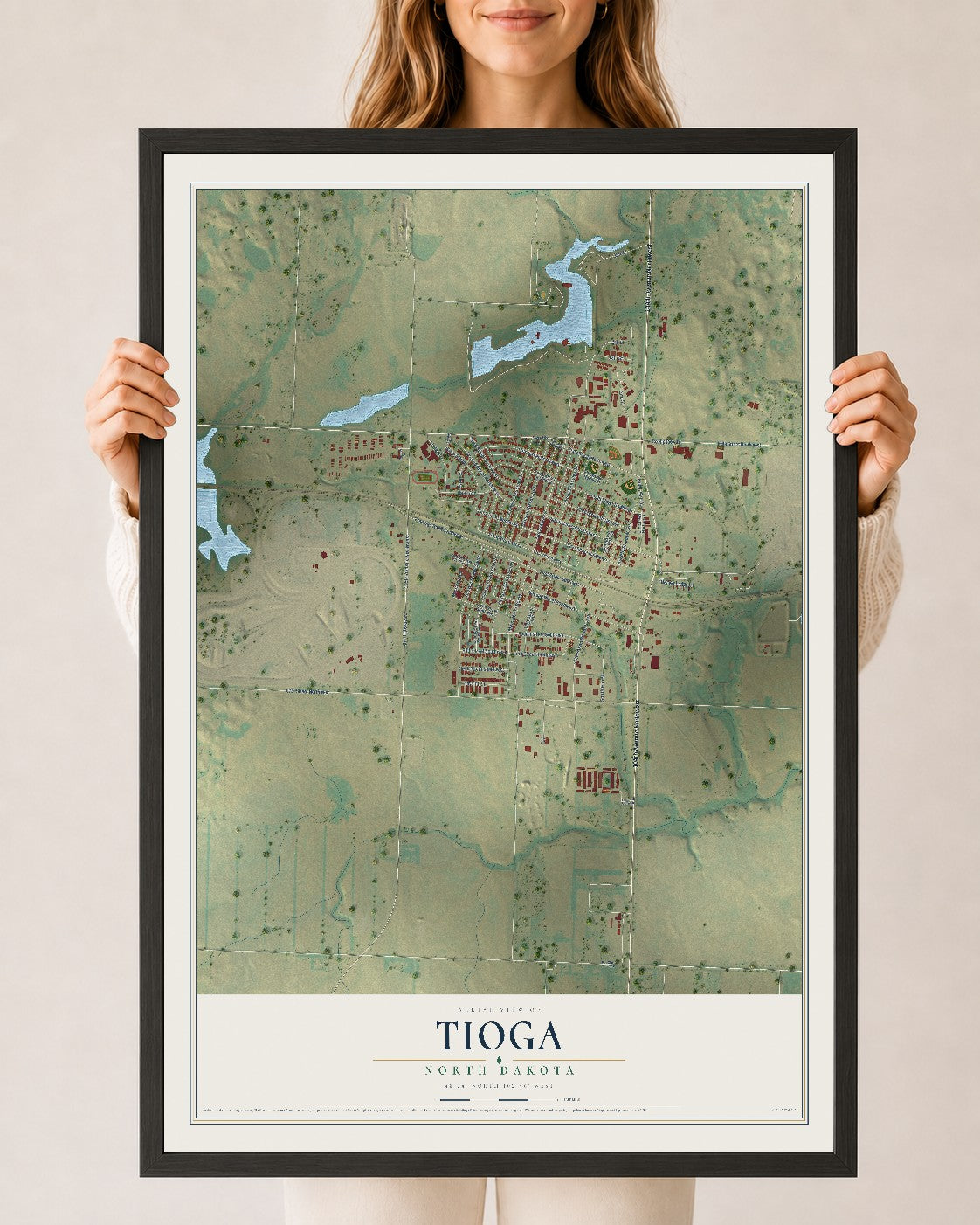 Map of Tioga, North Dakota, 24 x 36 inch print in a black wood frame