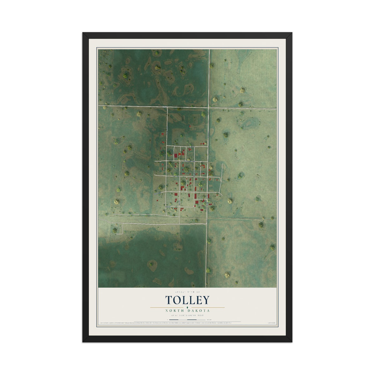 Map of Tolley, North Dakota, 12 x 18 inch print in a black wood frame