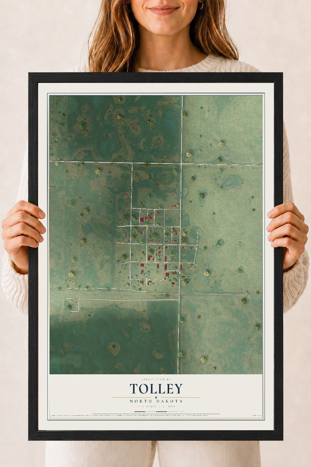 Map of Tolley, North Dakota, 18 x 24 inch print in a black wood frame