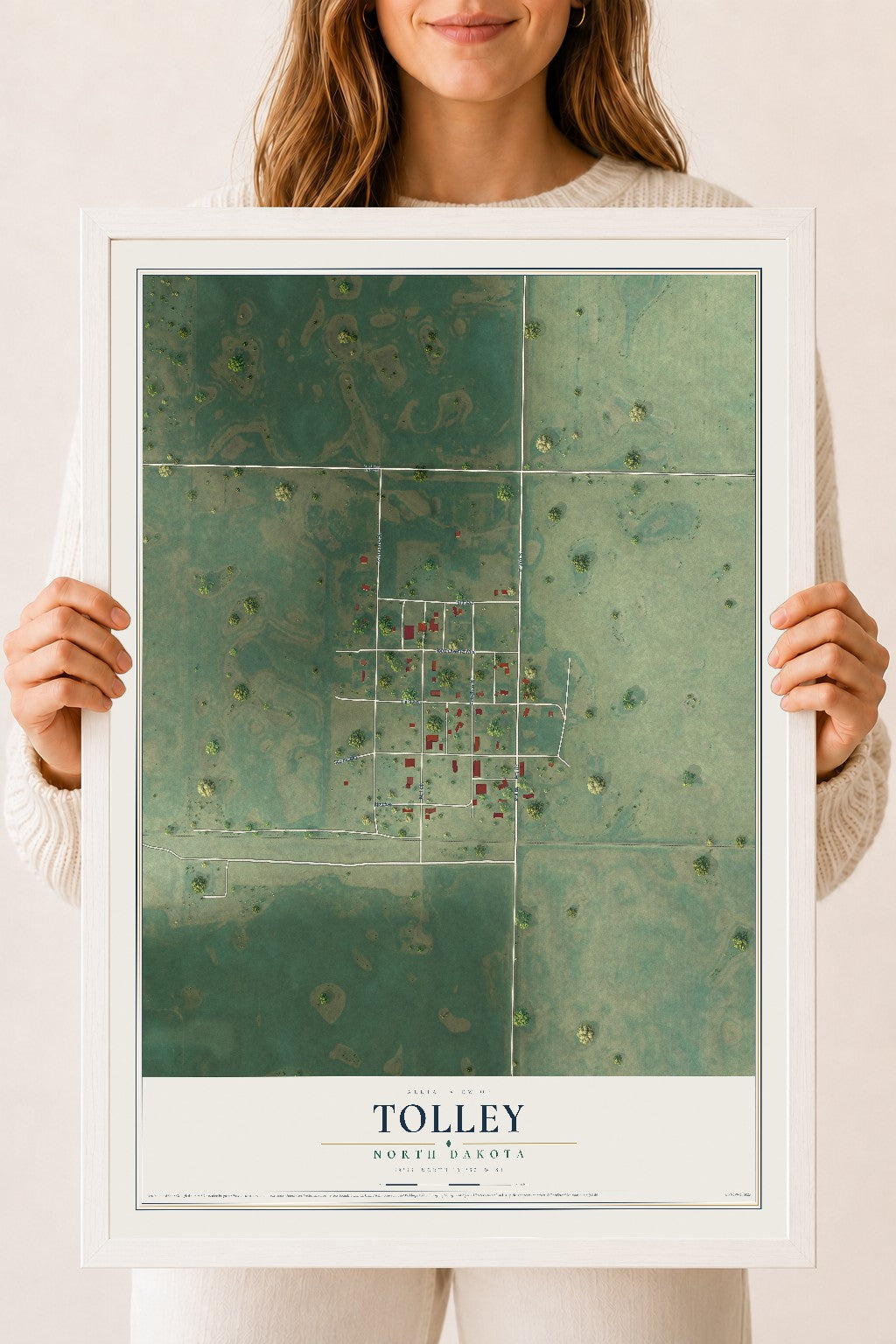 Map of Tolley, North Dakota, 18 x 24 inch print in a white wood frame