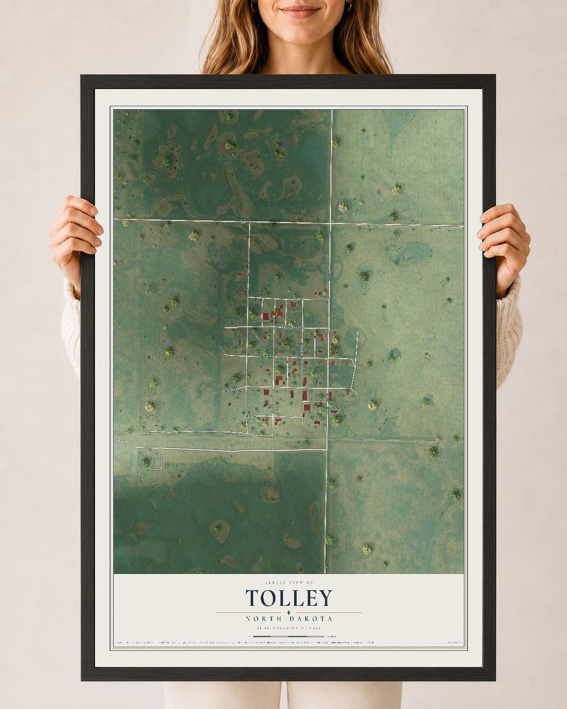 Map of Tolley, North Dakota, 24 x 36 inch print in a black wood frame