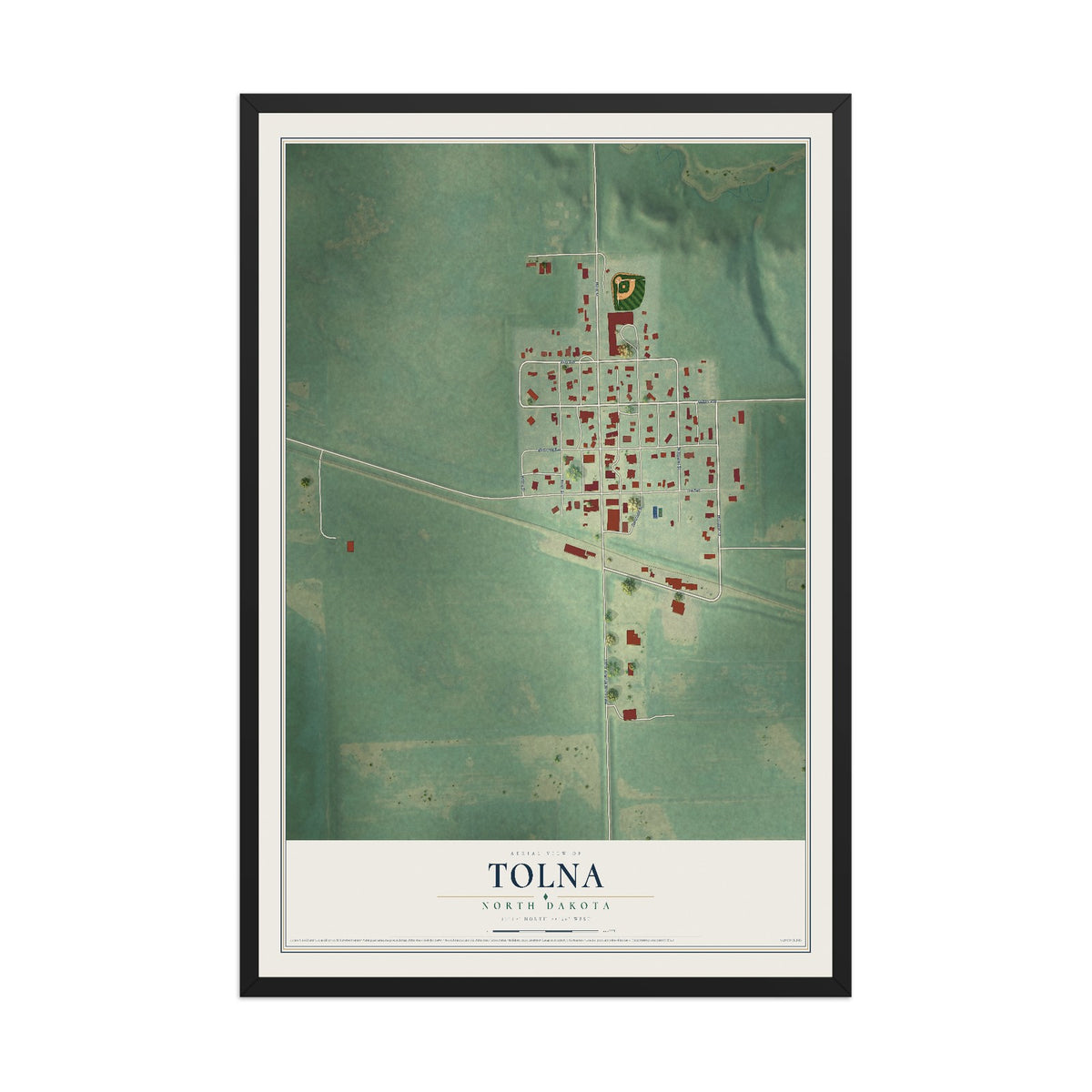 Map of Tolna, North Dakota, 12 x 18 inch print in a black wood frame