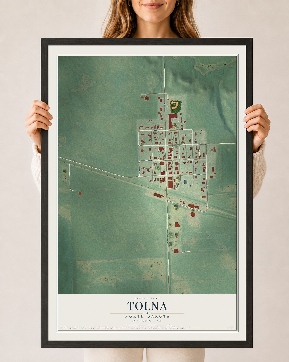 Map of Tolna, North Dakota, 24 x 36 inch print in a black wood frame