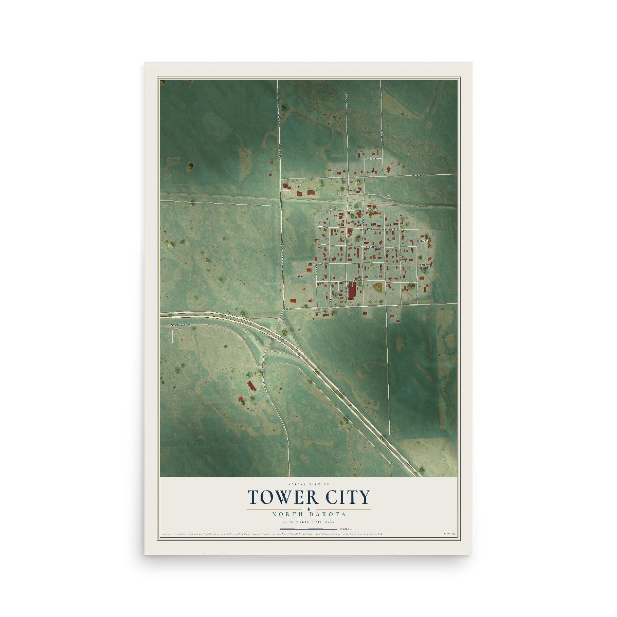 Map of Tower City, North Dakota, 12 x 18 inch unframed archival matte print
