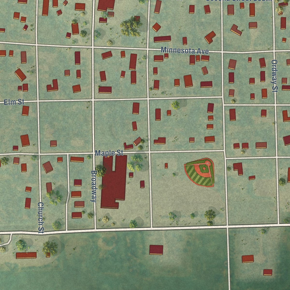 Close-up of the map of Tower City, North Dakota print showing street and building detail