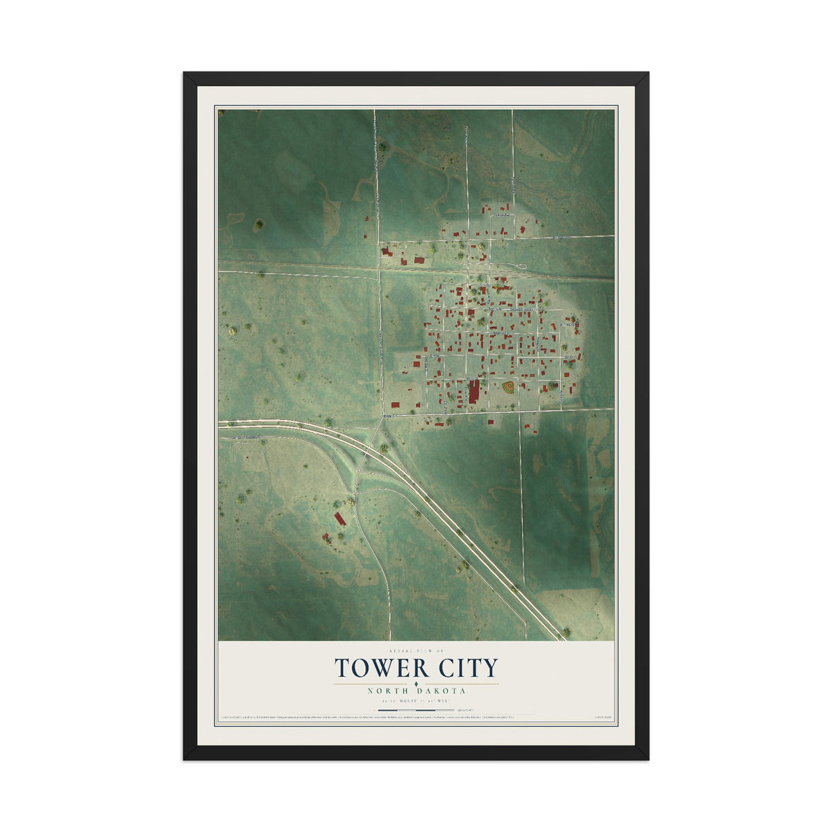 Map of Tower City, North Dakota, 12 x 18 inch print in a black wood frame