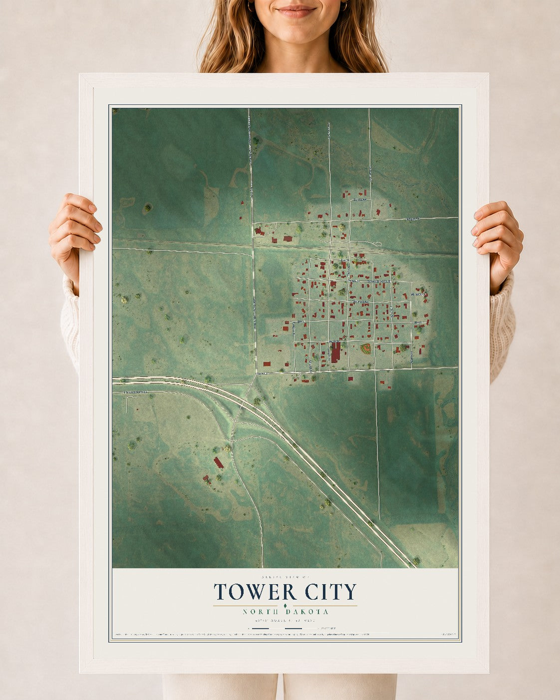 Map of Tower City, North Dakota, 24 x 36 inch print in a white wood frame