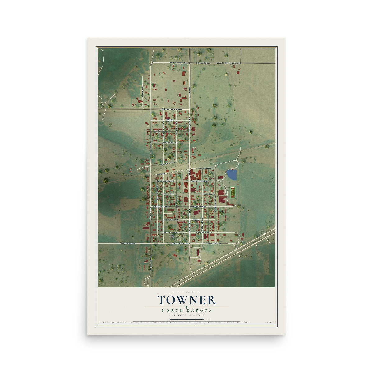 Map of Towner, North Dakota, 12 x 18 inch unframed archival matte print