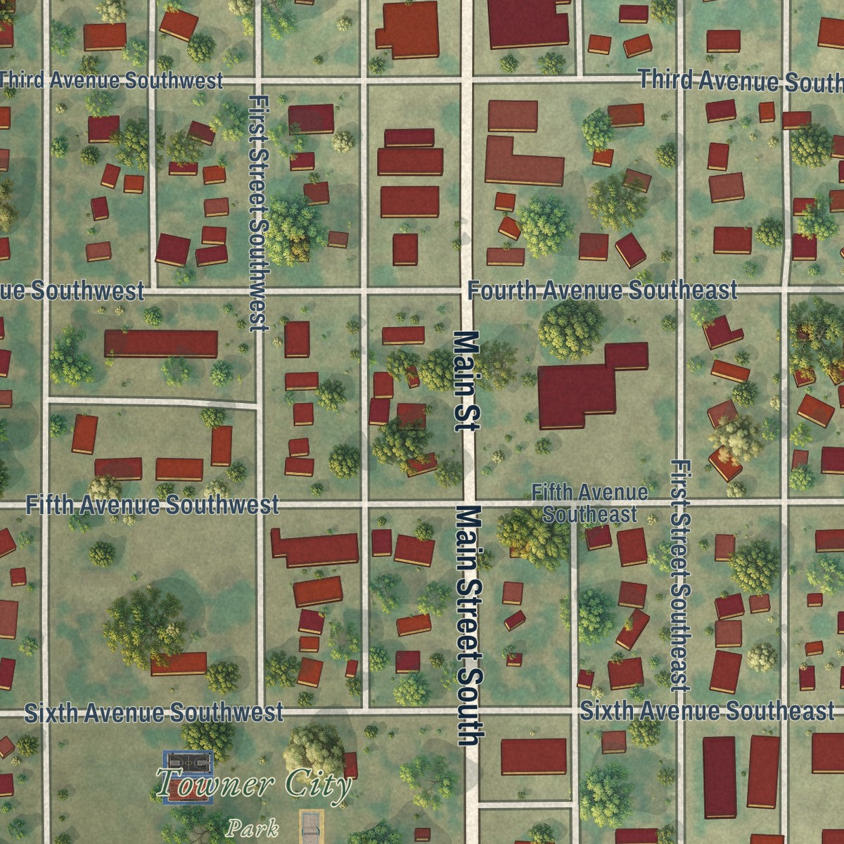 Close-up of the map of Towner, North Dakota print showing street and building detail