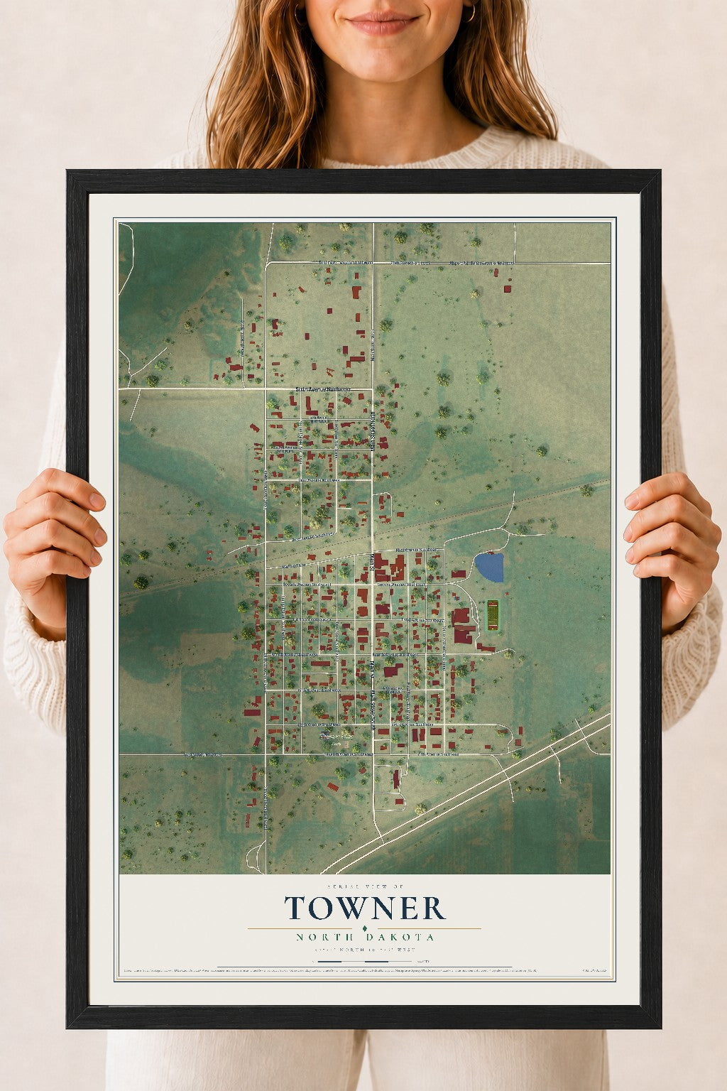 Map of Towner, North Dakota, 18 x 24 inch print in a black wood frame