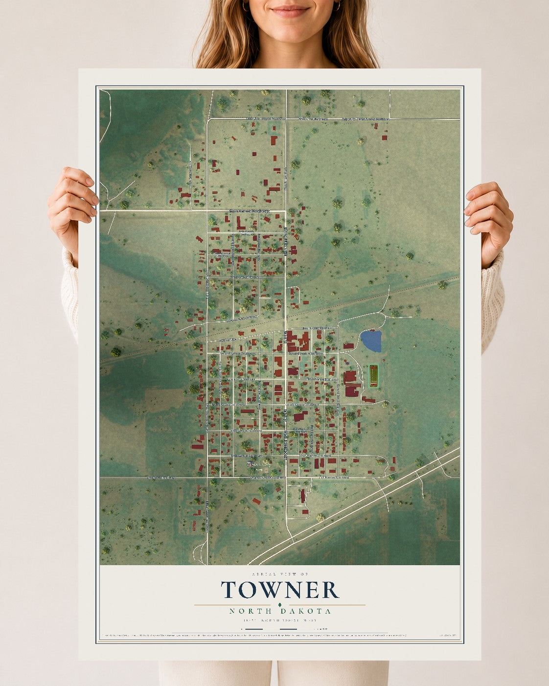 Map of Towner, North Dakota, 24 x 36 inch unframed archival matte print