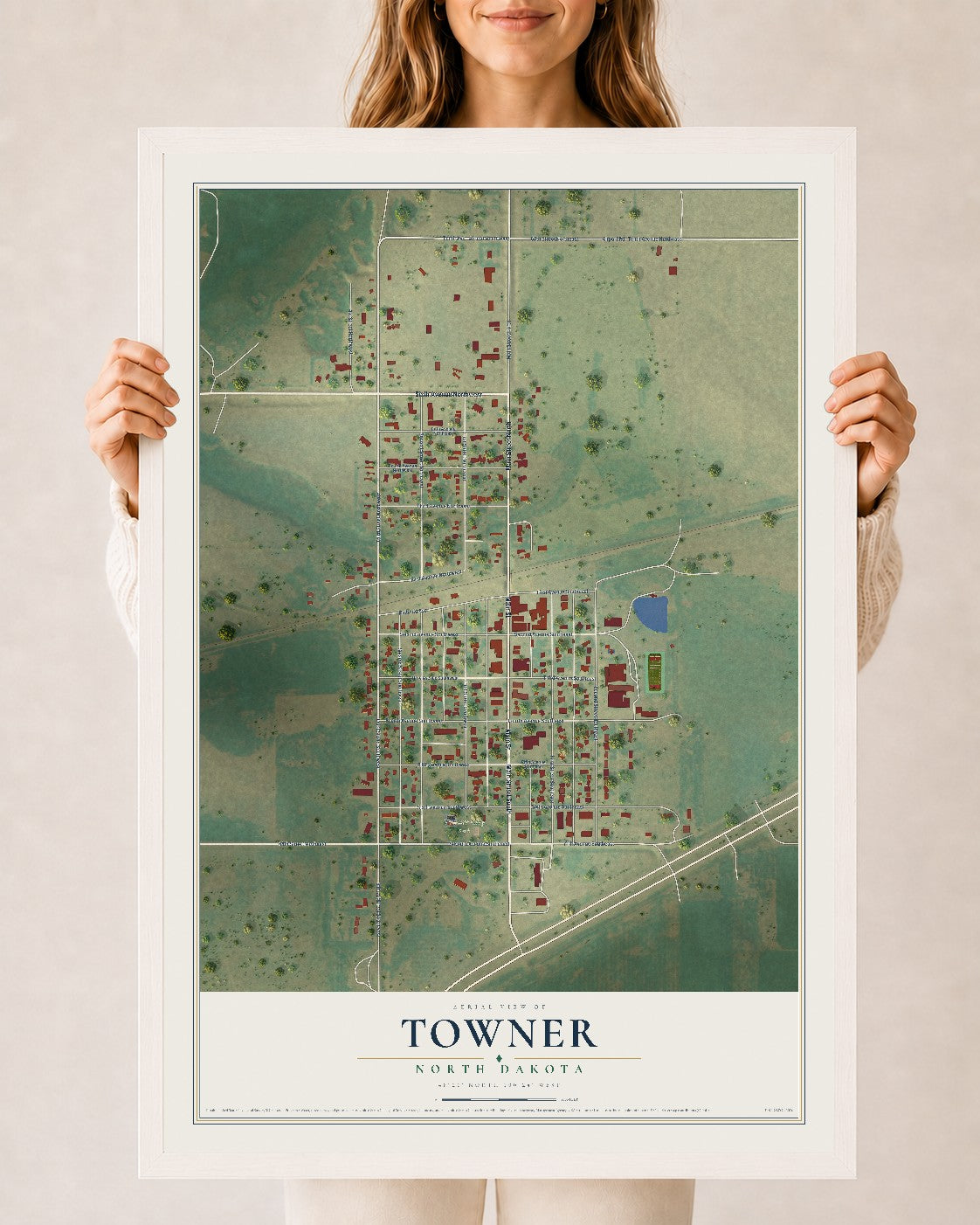 Map of Towner, North Dakota, 24 x 36 inch print in a white wood frame