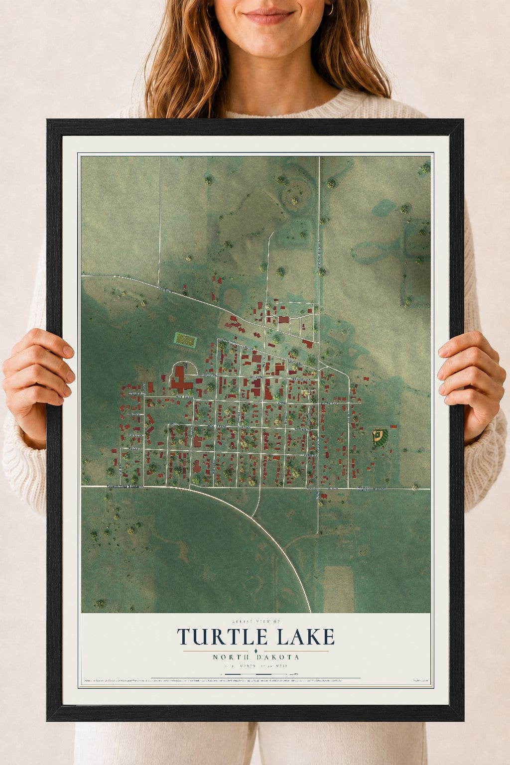 Map of Turtle Lake, North Dakota, 18 x 24 inch print in a black wood frame