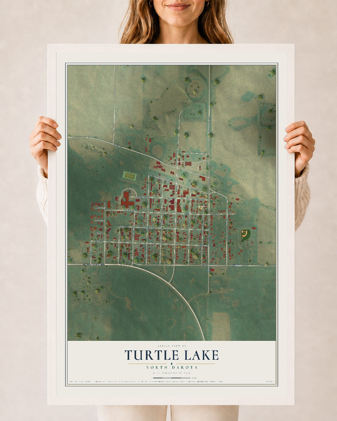 Map of Turtle Lake, North Dakota, 24 x 36 inch print in a white wood frame