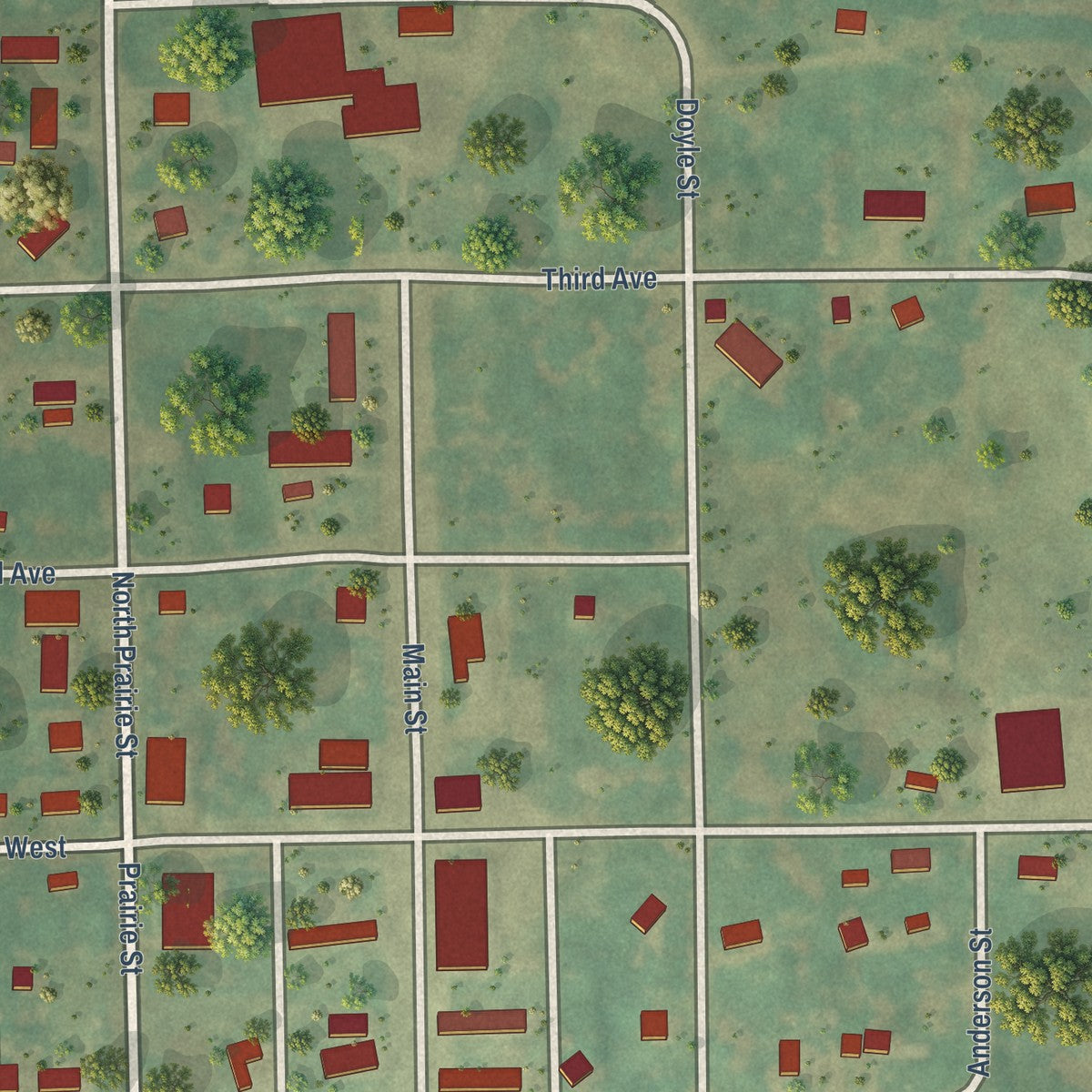 Close-up of the map of Tuttle, North Dakota print showing street and building detail