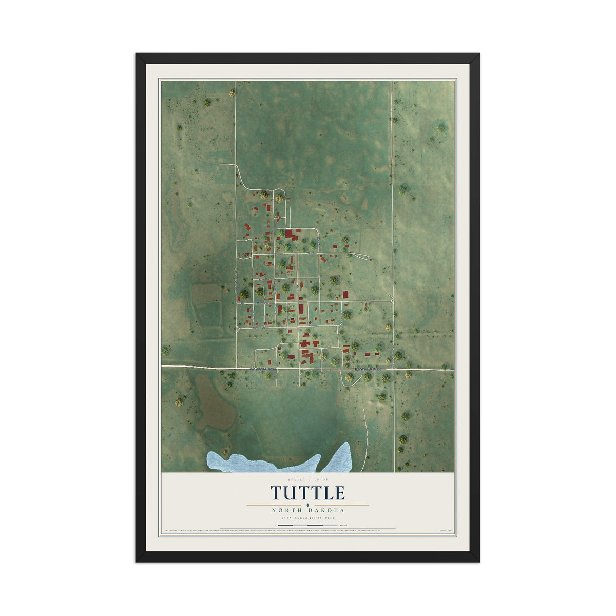 Map of Tuttle, North Dakota, 12 x 18 inch print in a black wood frame
