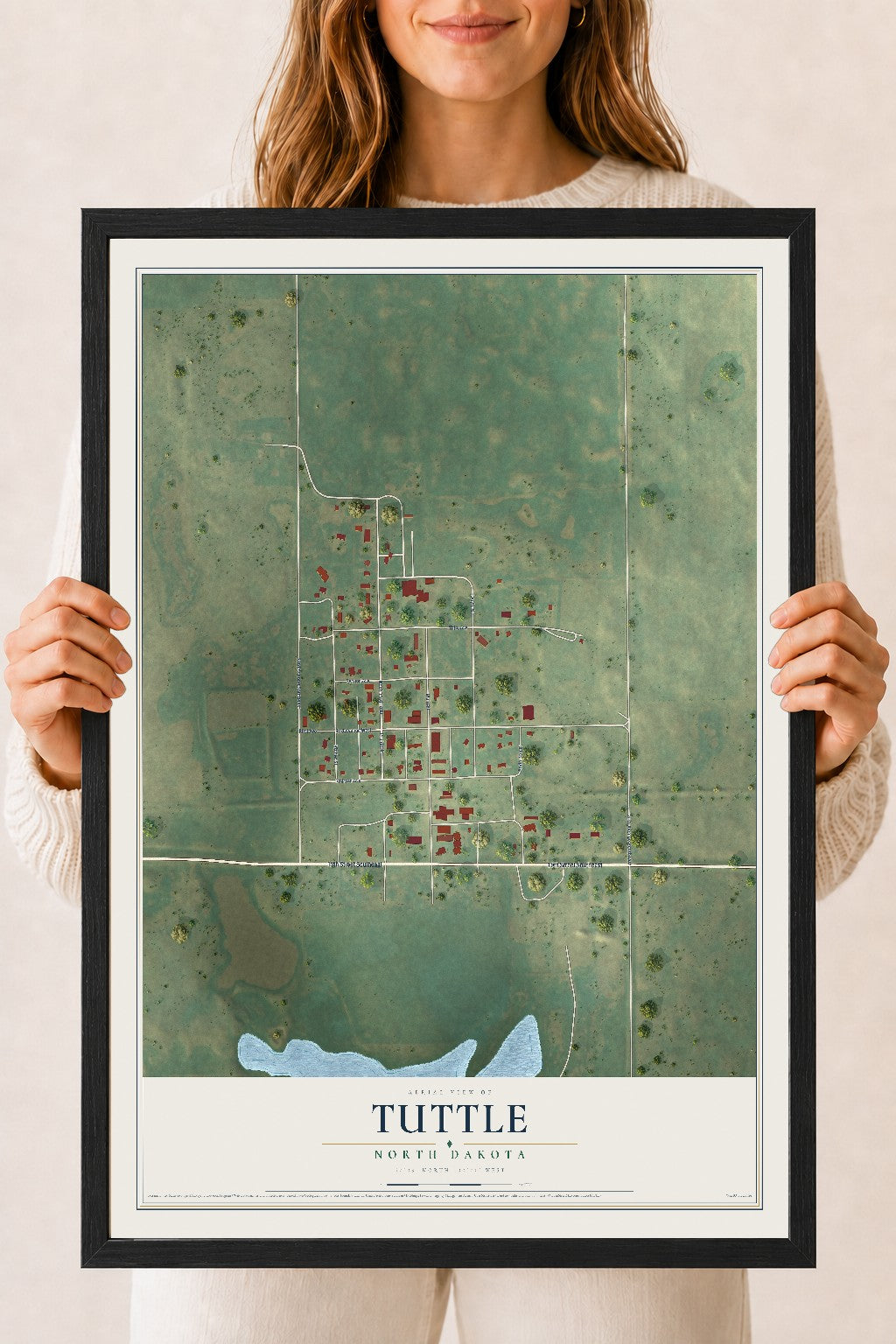 Map of Tuttle, North Dakota, 18 x 24 inch print in a black wood frame