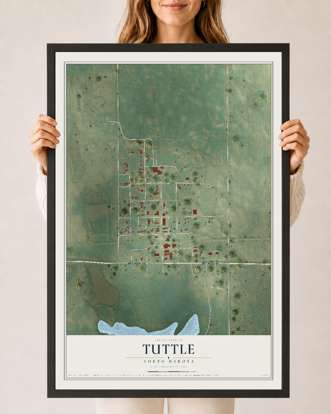 Map of Tuttle, North Dakota, 24 x 36 inch print in a black wood frame