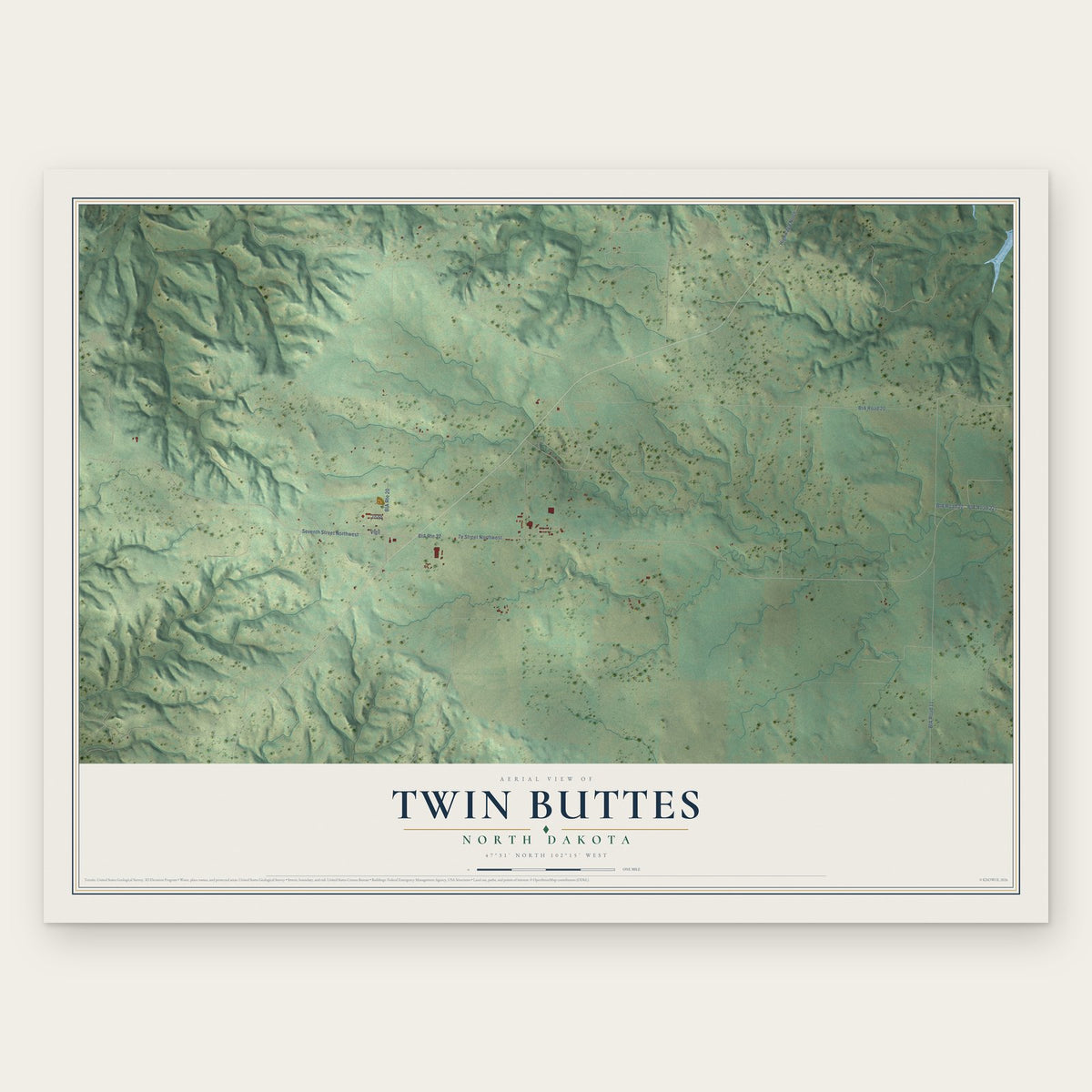 Twin Buttes, North Dakota map print, the full design
